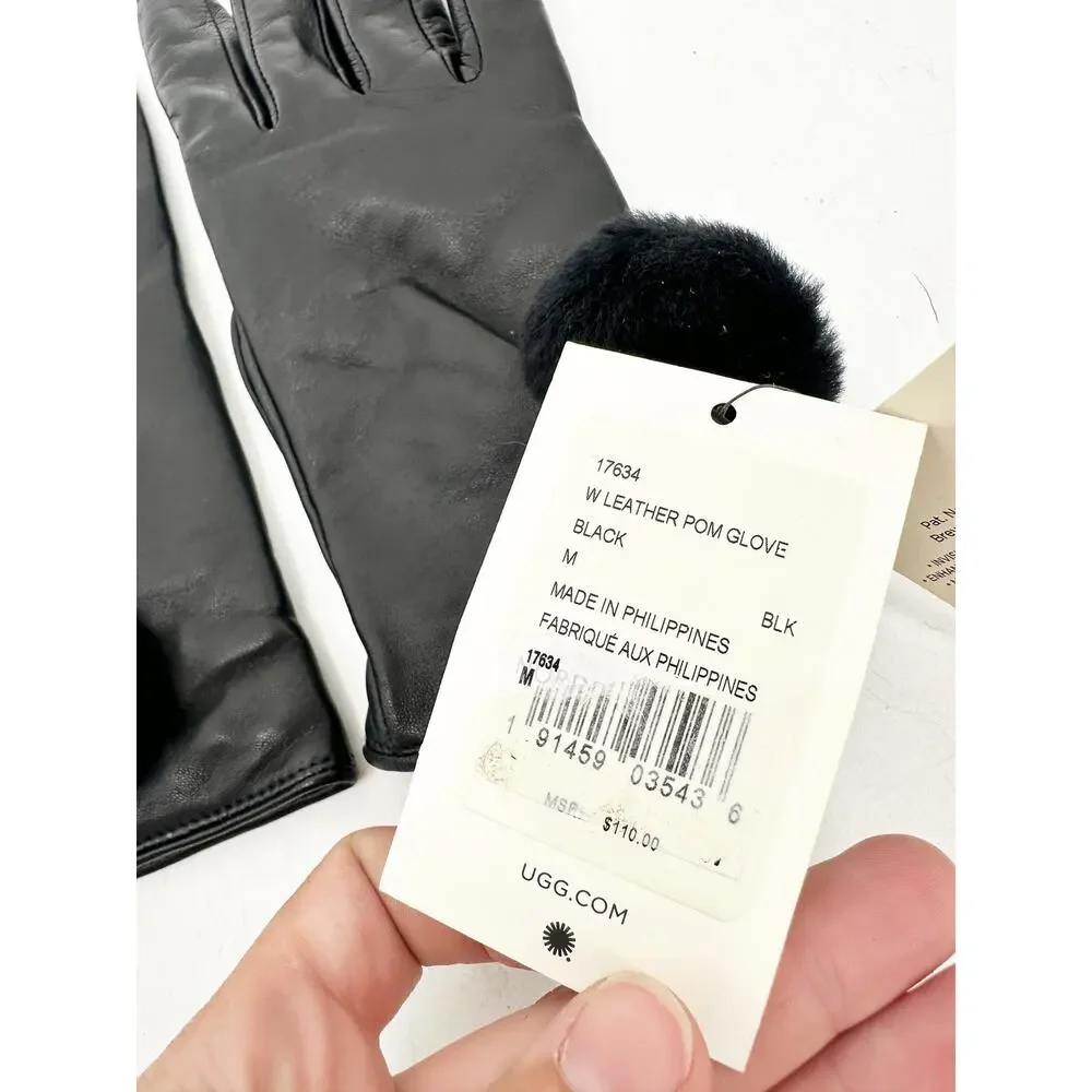 UGG‎ Women's Leather Pom Glove in Black Size Medium NEW